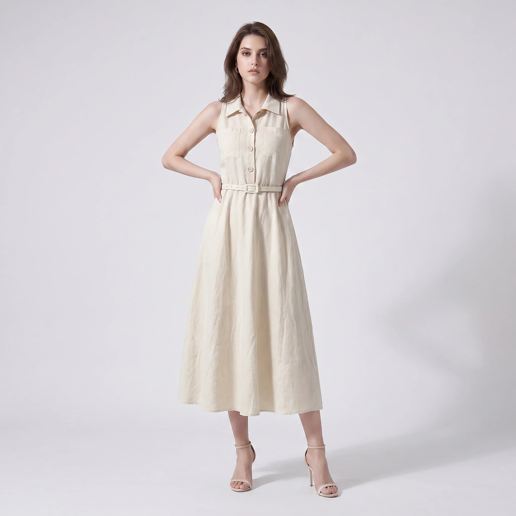 Ivory Belted Shirt Dress WHD0605217-S-2511112