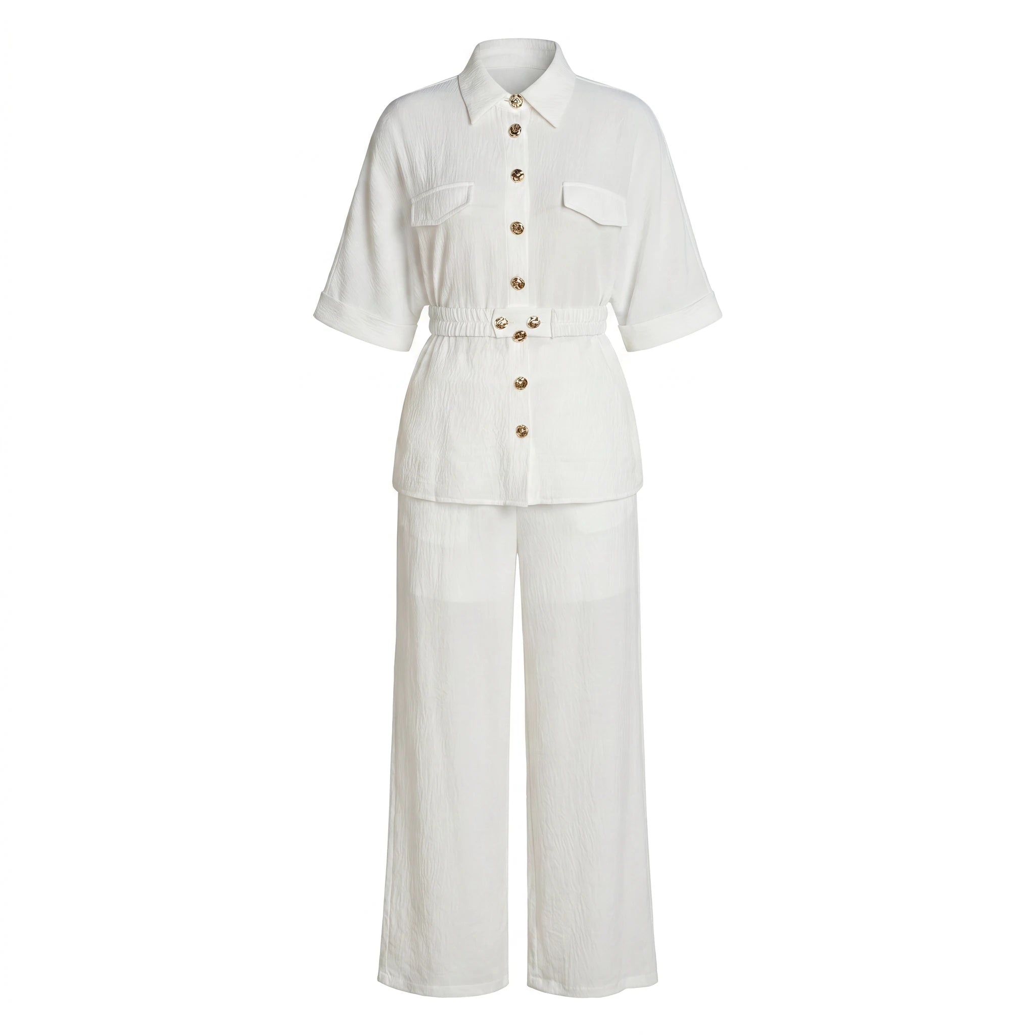 Ivory Button Wide Leg Set WHD0605218-S-250916