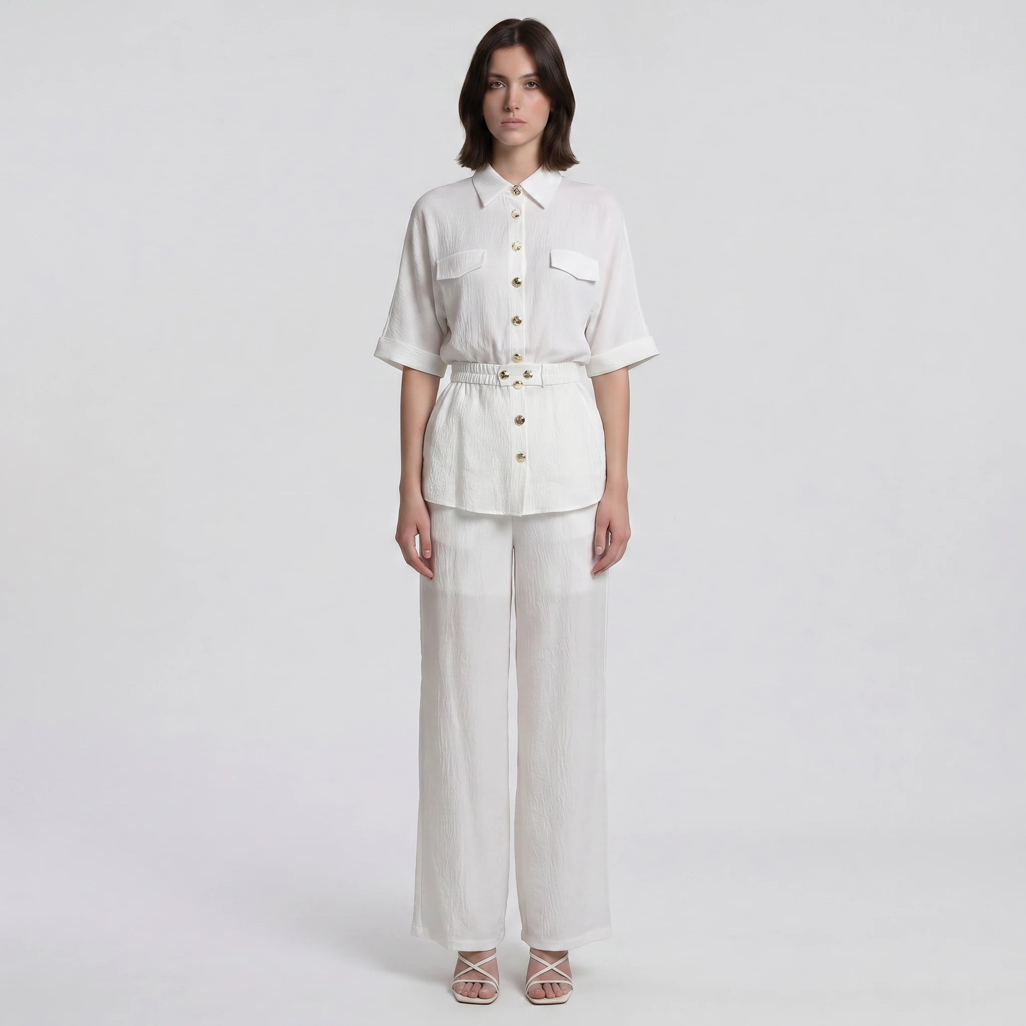 Ivory Button Wide Leg Set WHD0605218-S-250916