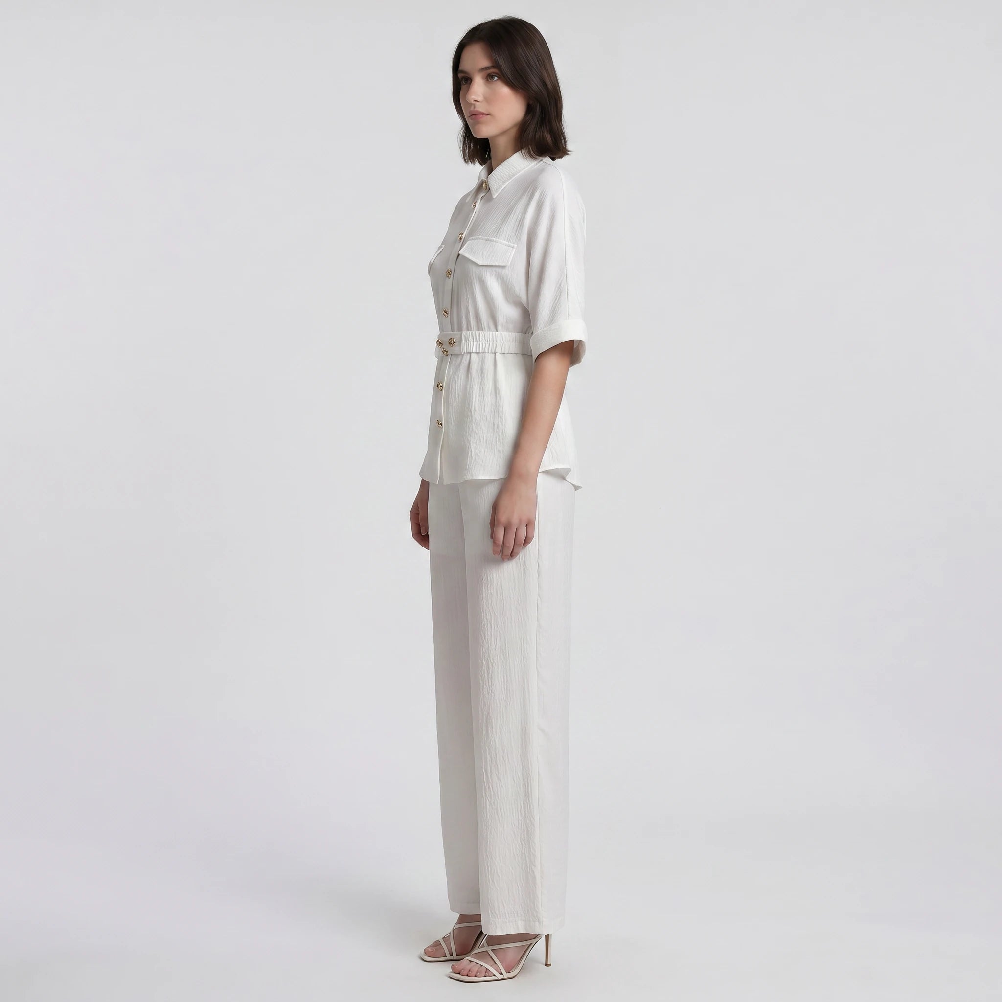 Ivory Button Wide Leg Set WHD0605218-S-250916