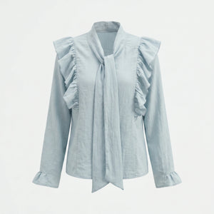 Light Blue Tie-Neck Blouse WHD0605222-S-2601214