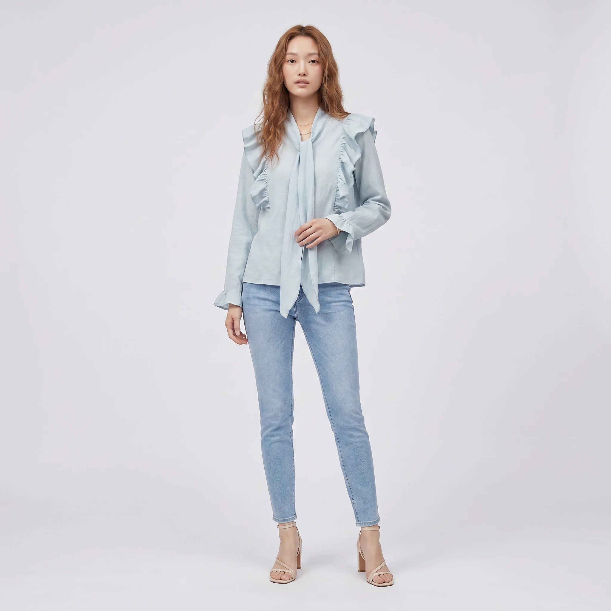 Light Blue Tie-Neck Blouse WHD0605222-S-2601214