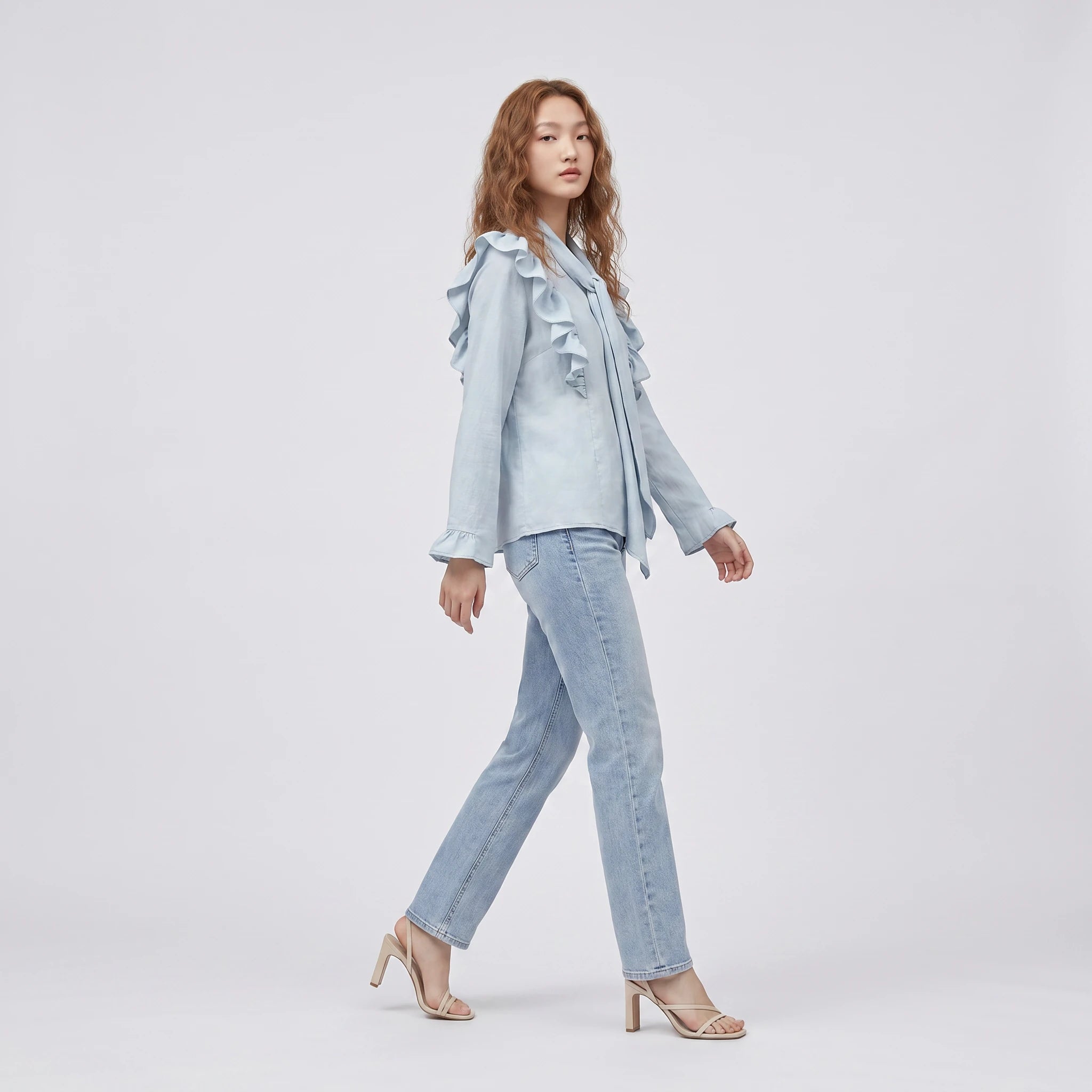 Light Blue Tie-Neck Blouse WHD0605222-S-2601214