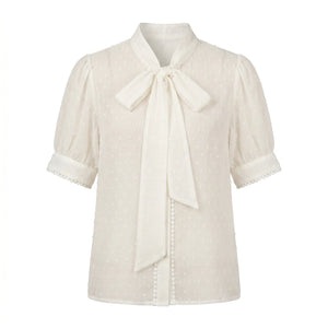 Light Blue Tie-Neck Blouse WHD0605223-S-2601235