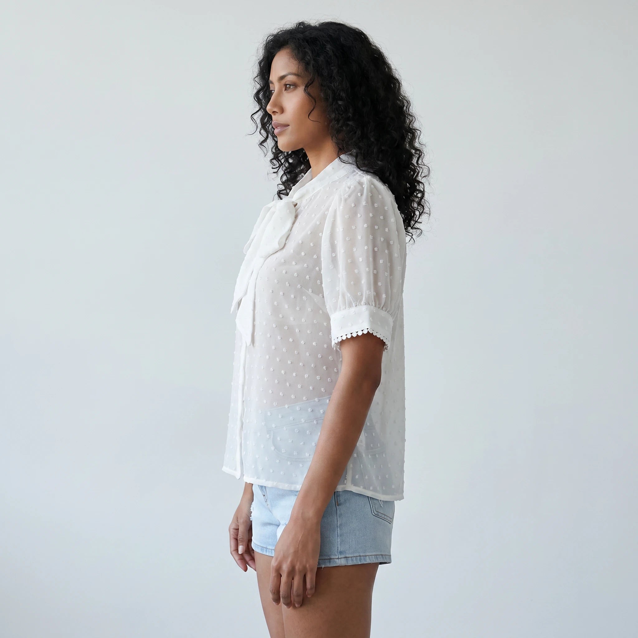 Light Blue Tie-Neck Blouse WHD0605223-S-2601235