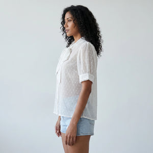 Light Blue Tie-Neck Blouse WHD0605223-S-2601235
