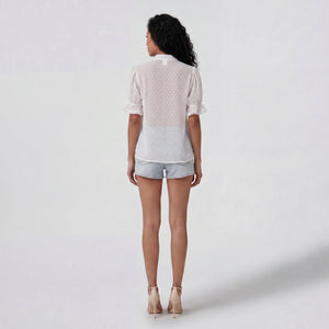 Light Blue Tie-Neck Blouse WHD0605223-S-2601235