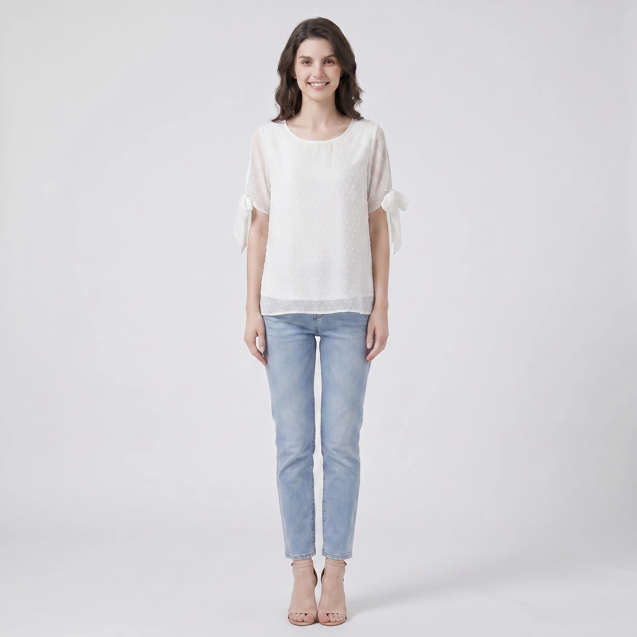 White Flocked Dot Chiffon Blouse WHD0605225-S-2601232
