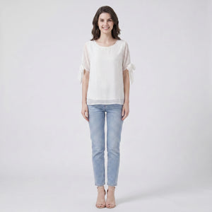 White Flocked Dot Chiffon Blouse WHD0605225-S-2601232