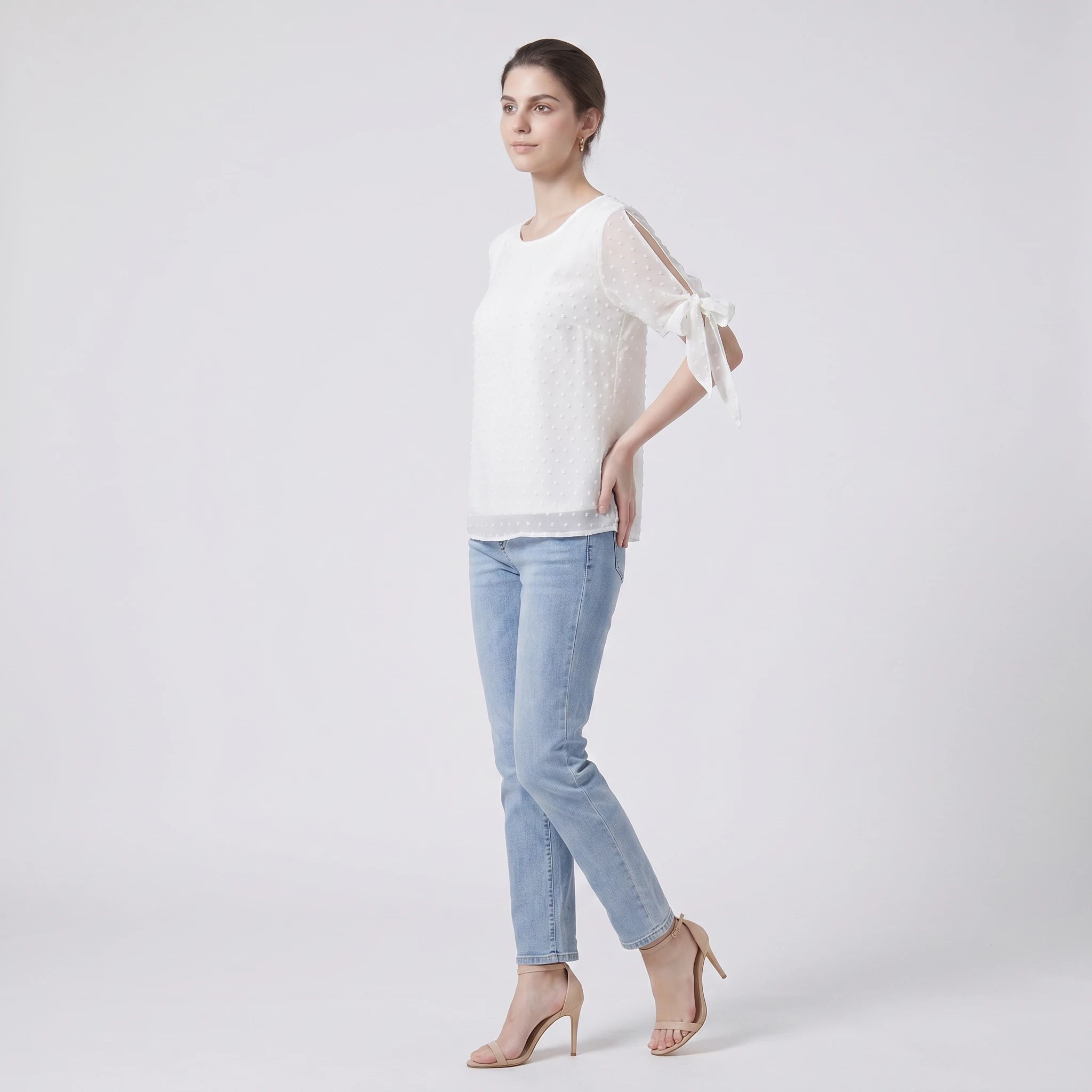White Flocked Dot Chiffon Blouse WHD0605225-S-2601232