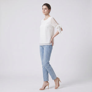 White Flocked Dot Chiffon Blouse WHD0605225-S-2601232