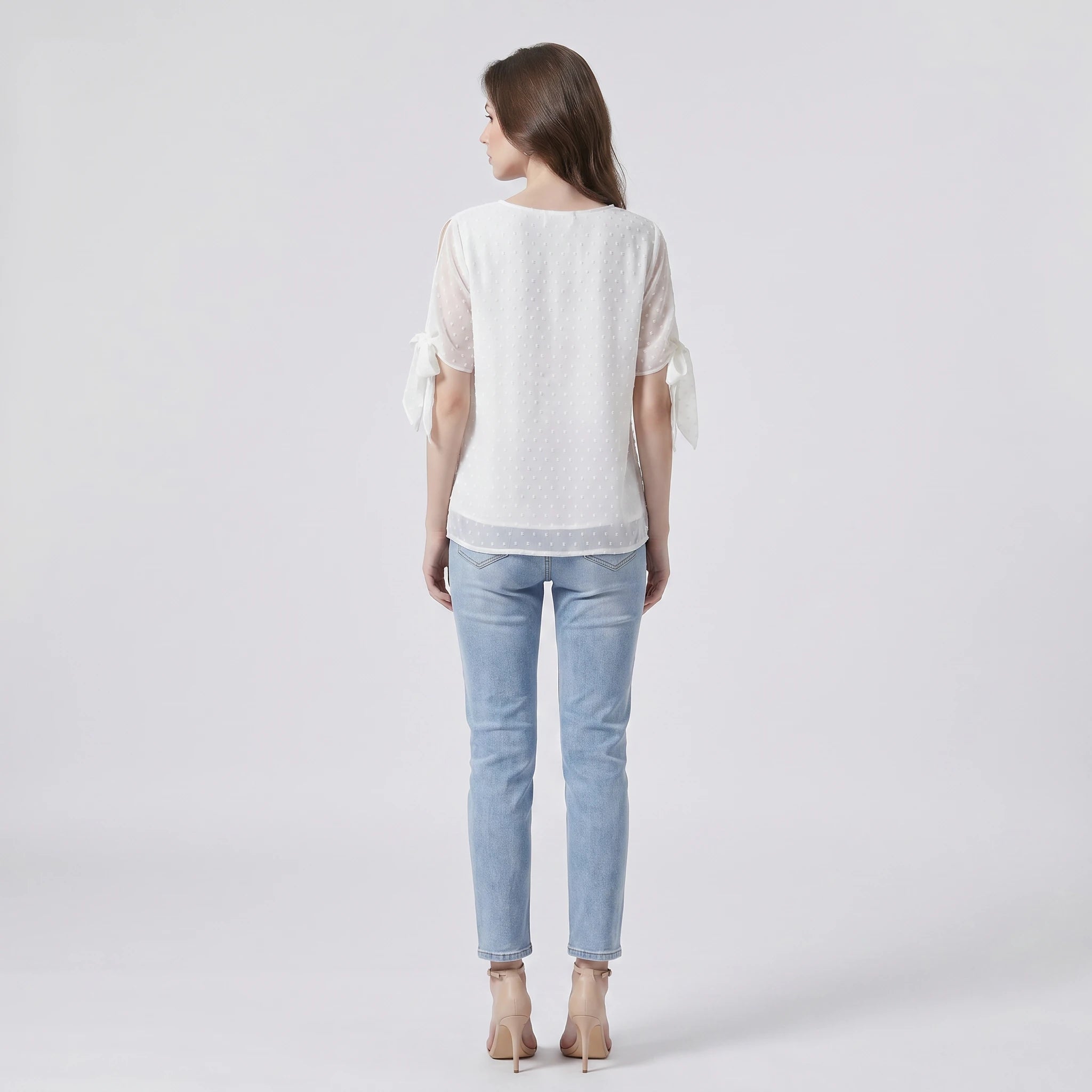White Flocked Dot Chiffon Blouse WHD0605225-S-2601232