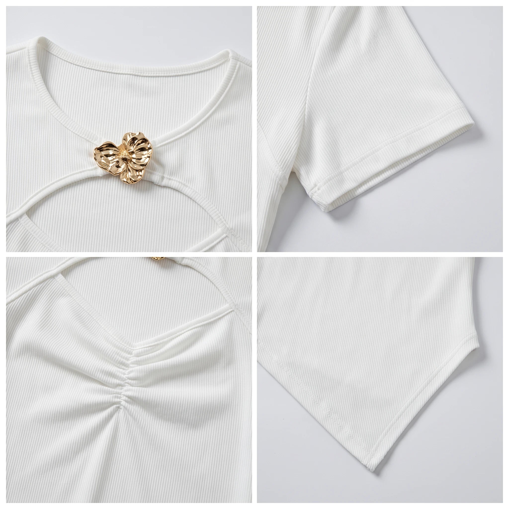 Floral Clasp Cutout Ribbed Top WHD0605229-S-2511102
