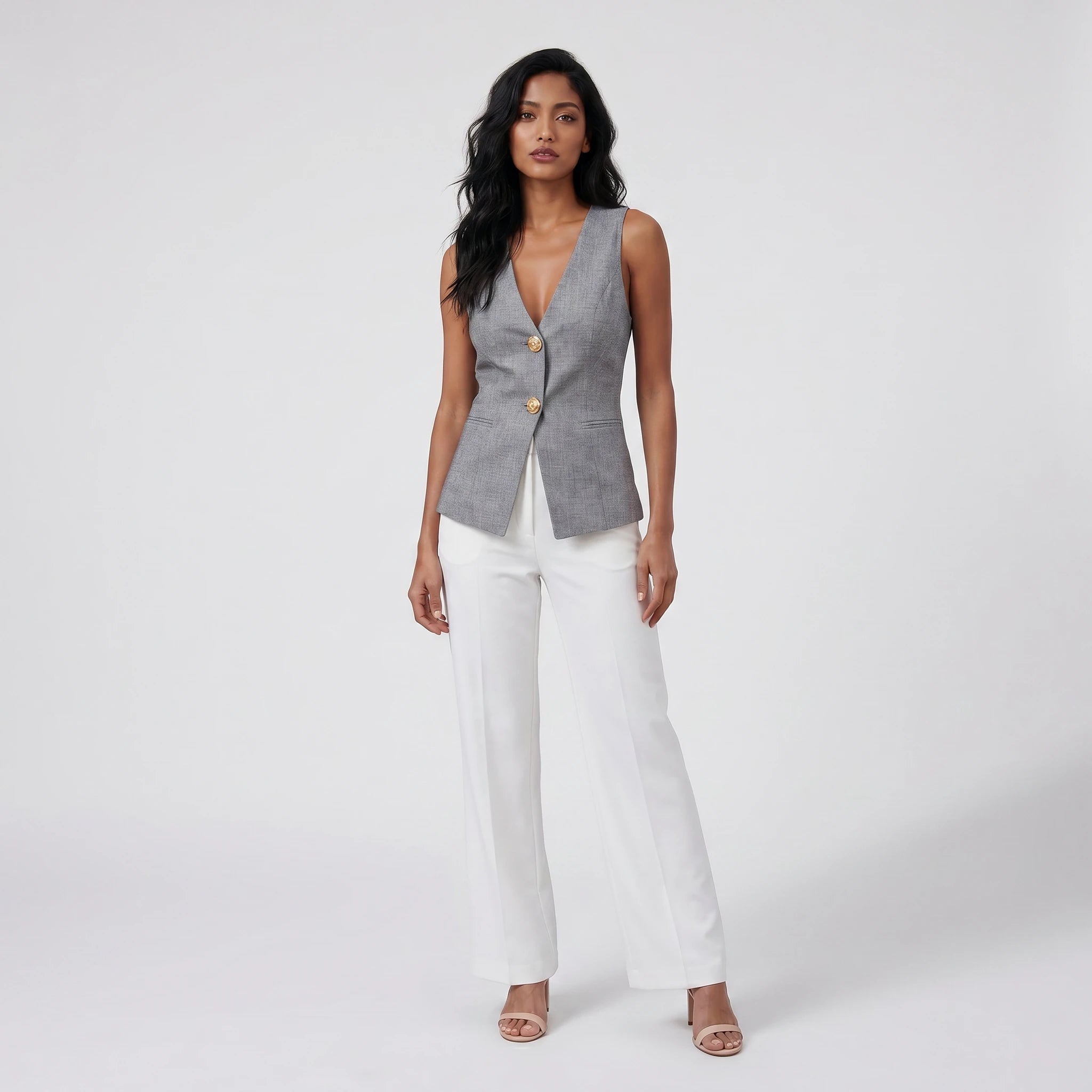Gold Button Linen-Look Vest Top WHD0605232-S-2506133