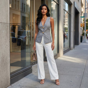 Gold Button Linen-Look Vest Top WHD0605232-S-2506133