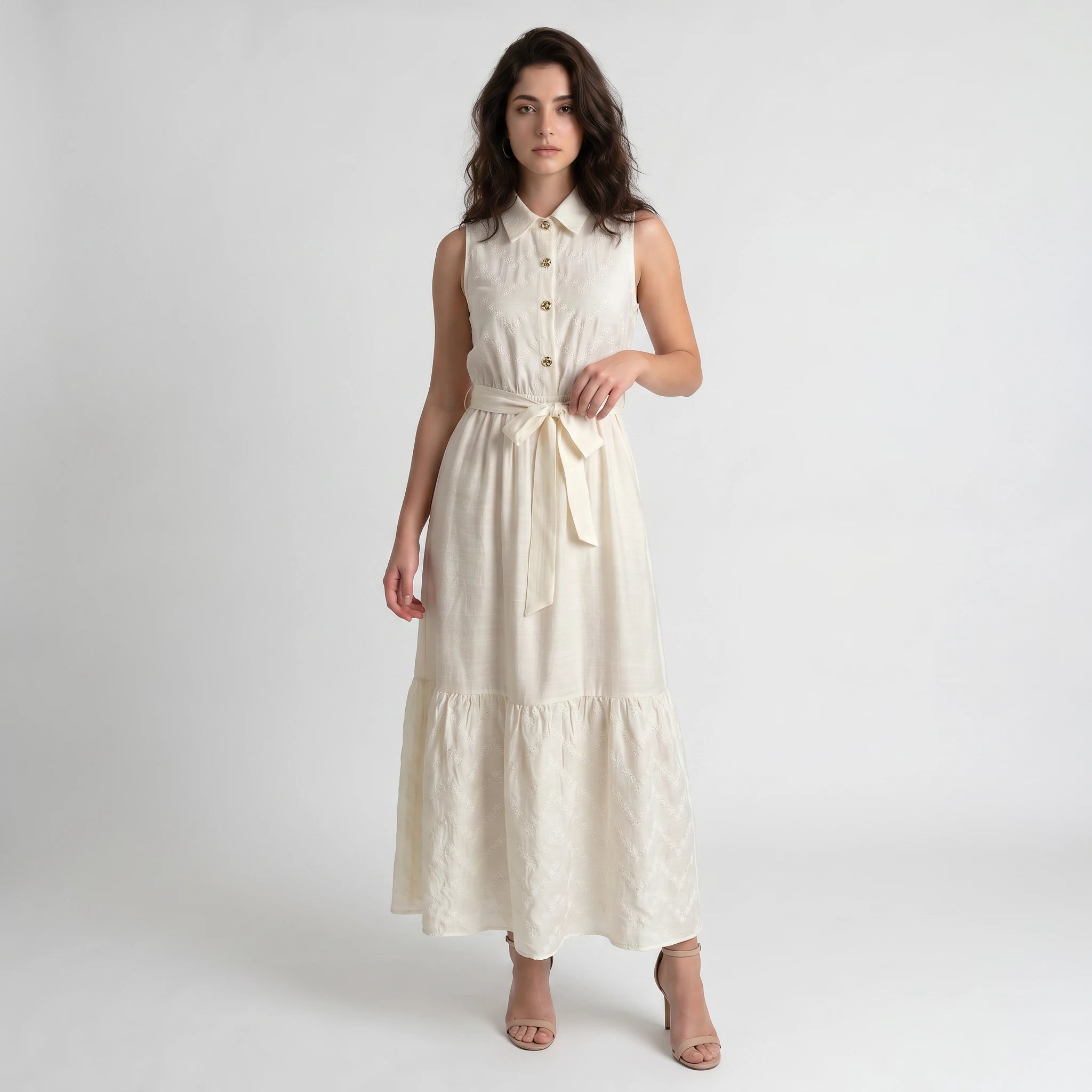 Embroidered Tie Waist Maxi Dress WHD0605238-S-251199