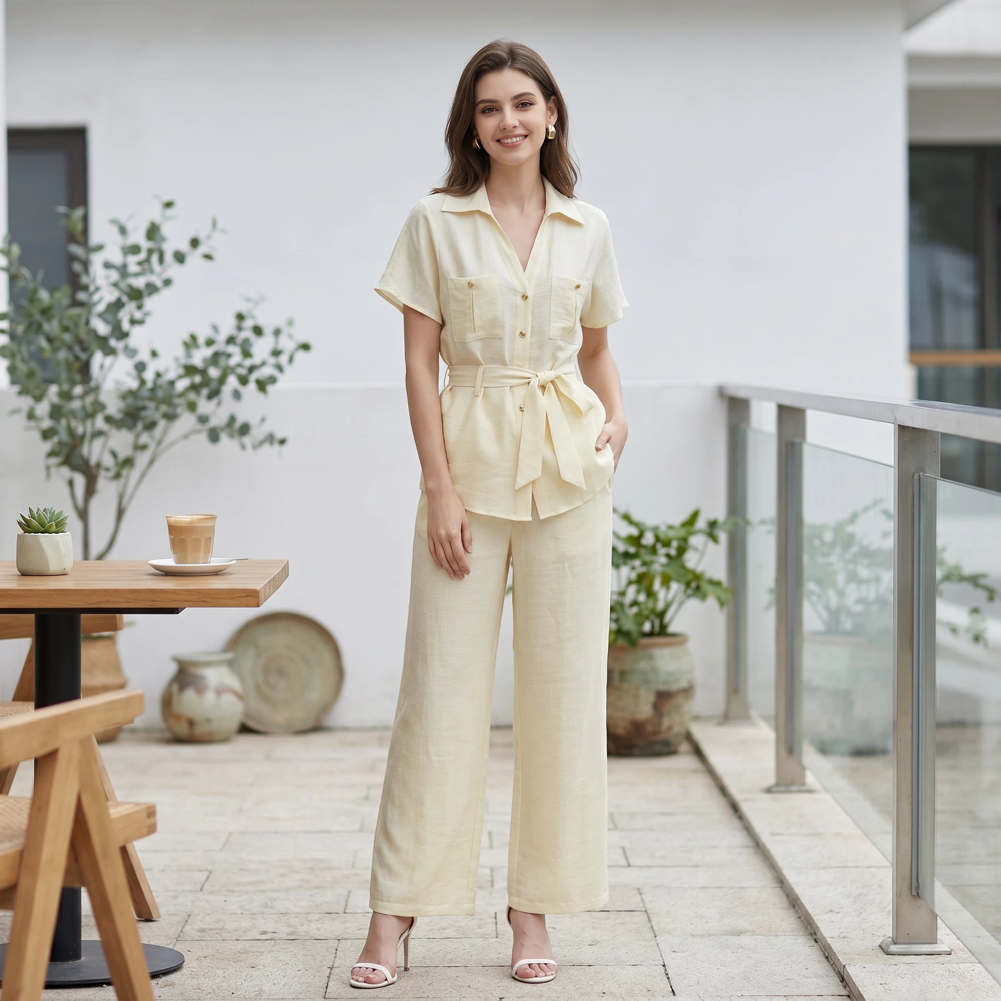 Belted Shirt Pants Set WHD0605304-S-250977