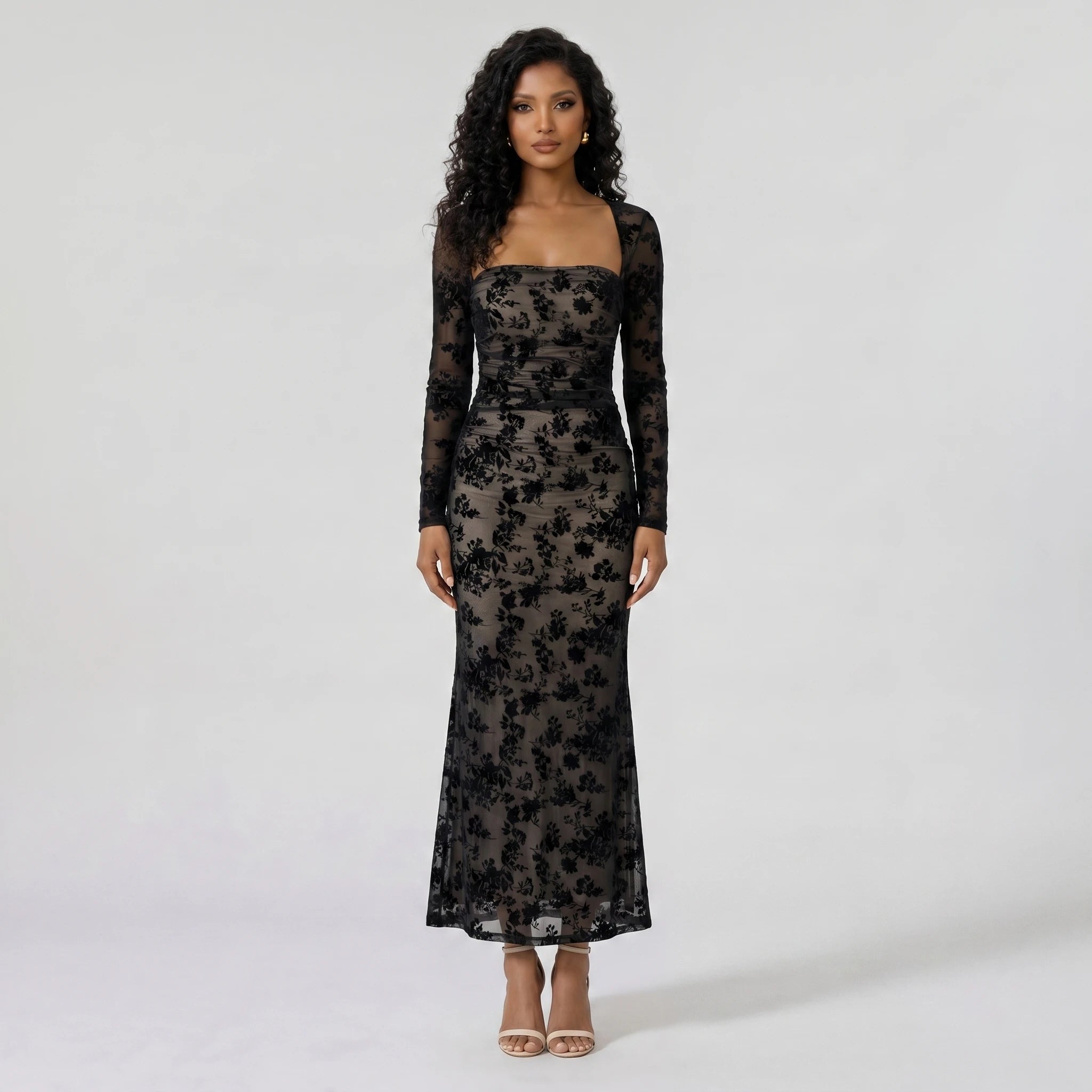 Flocked Floral Mesh Maxi Dress WHD0605319-S-251231
