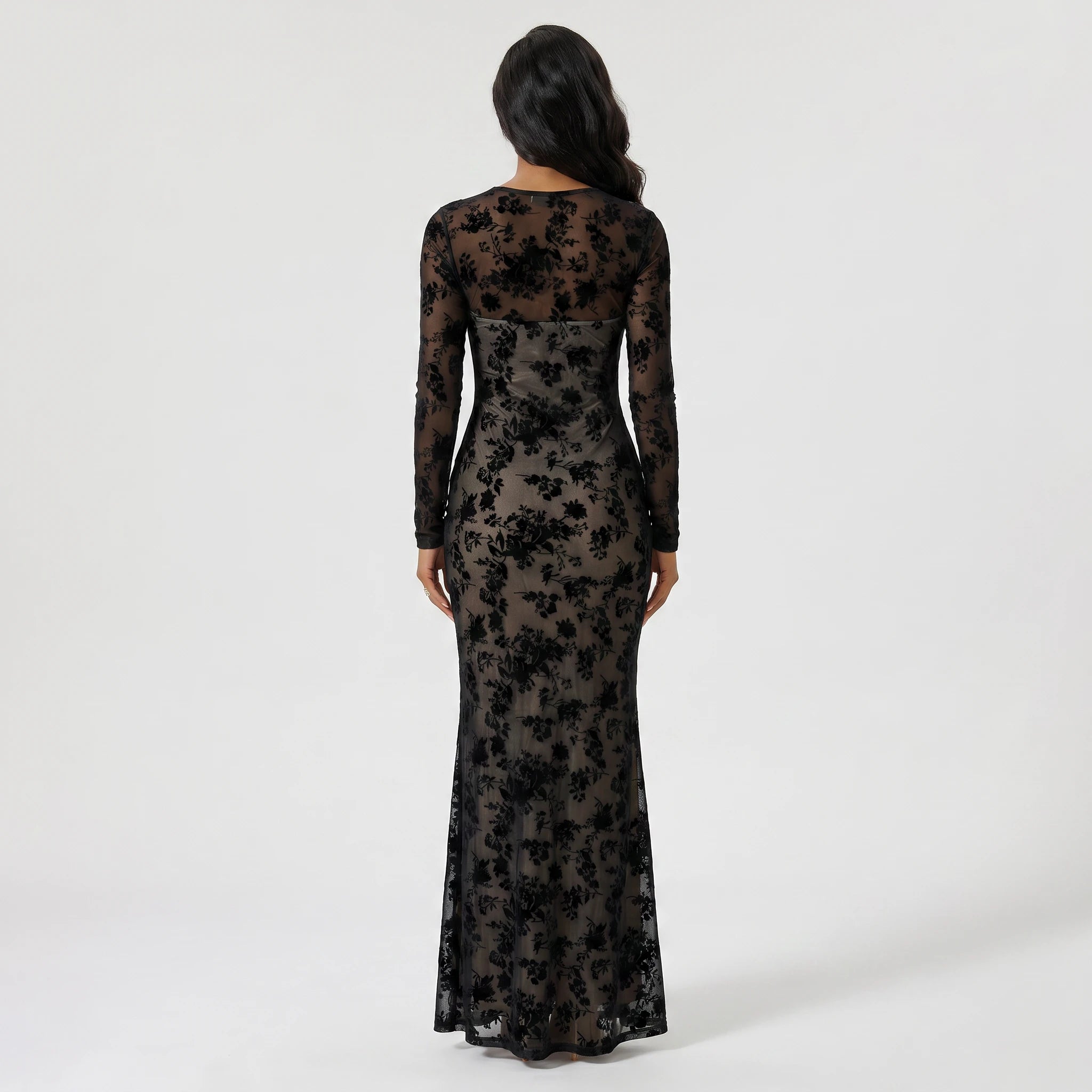 Flocked Floral Mesh Maxi Dress WHD0605319-S-251231