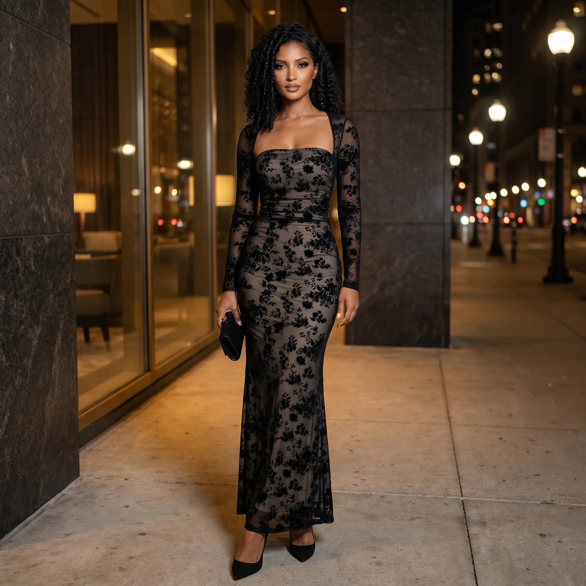 Flocked Floral Mesh Maxi Dress WHD0605319-S-251231
