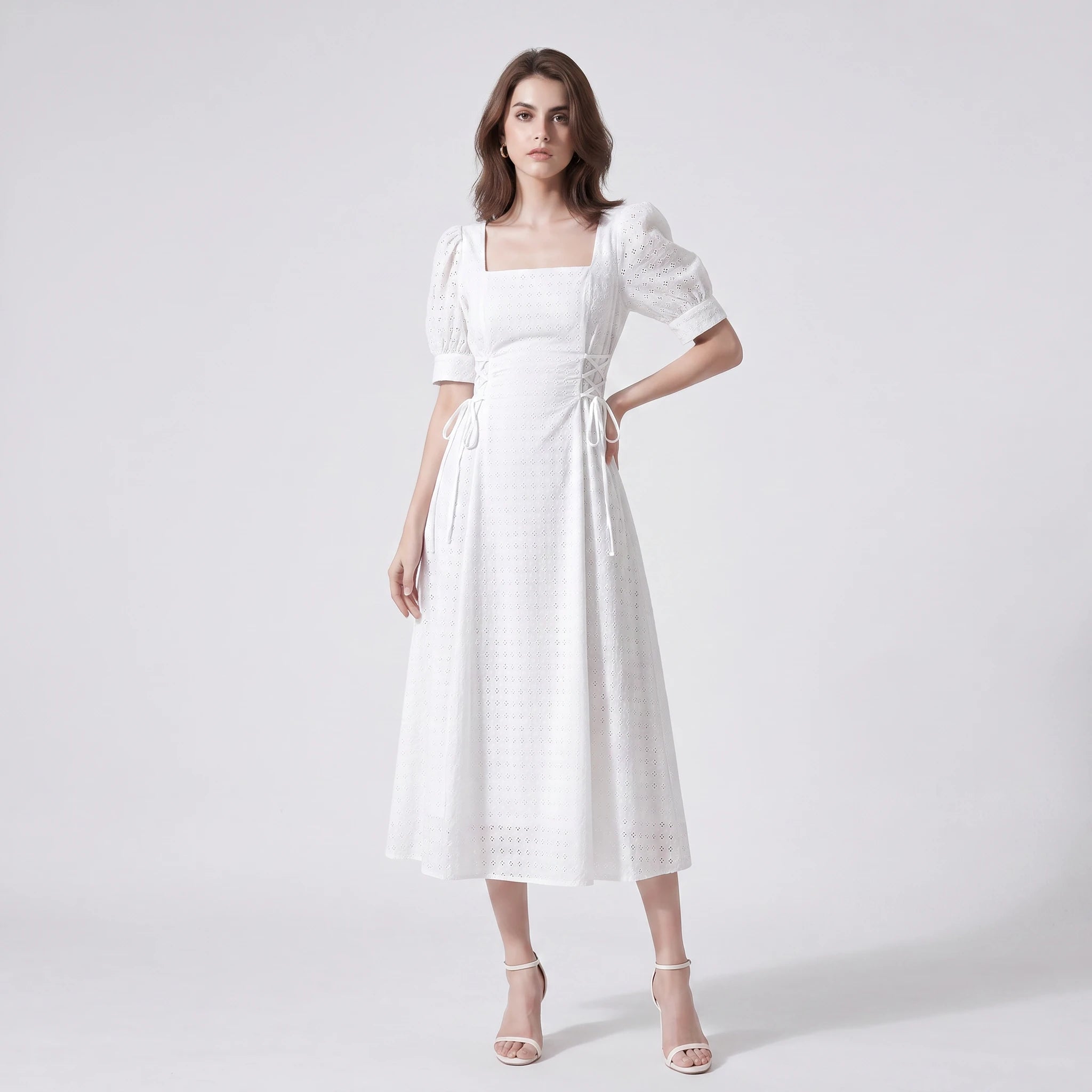 Eyelet Lace-Up Midi Dress WHD0605320-S-2512106