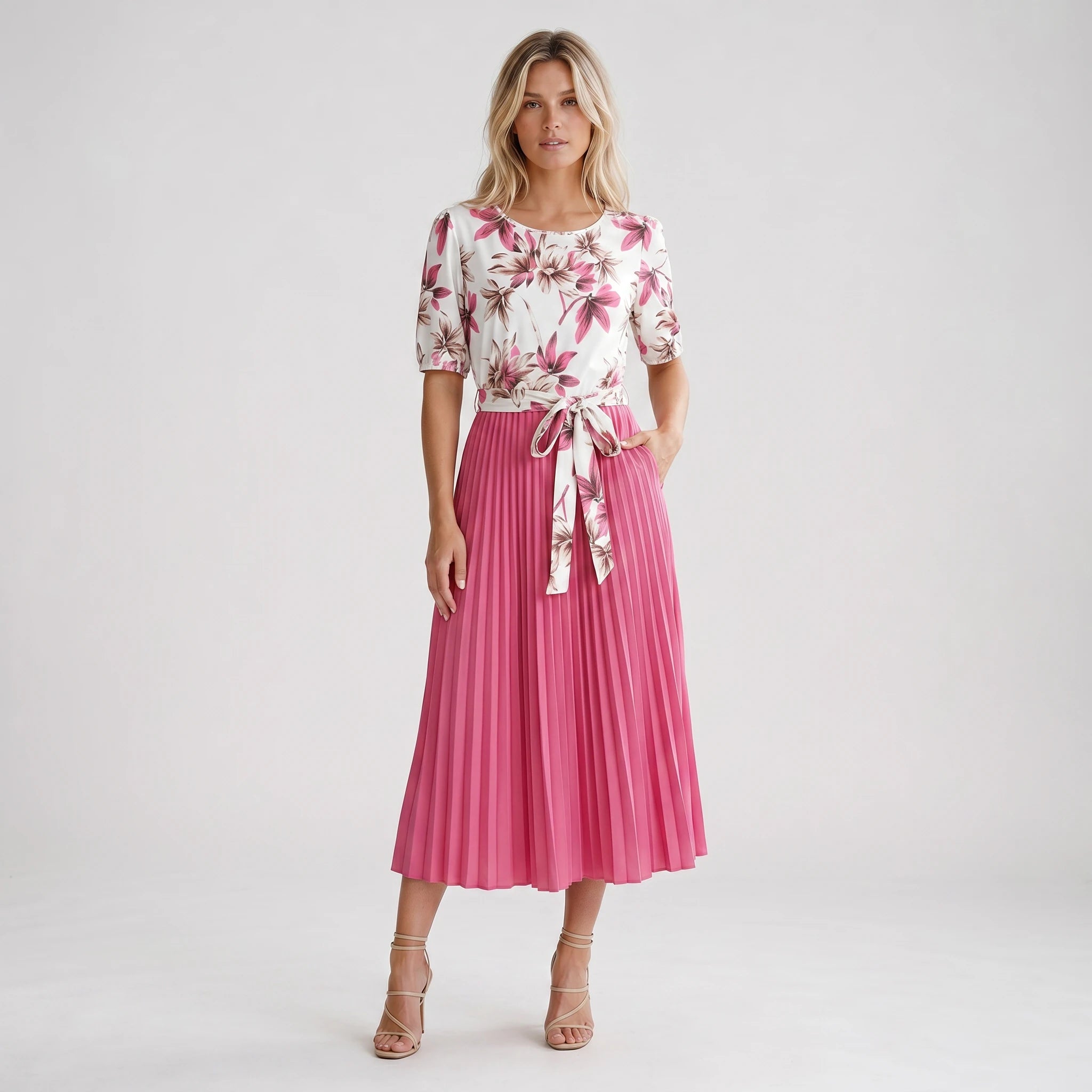 Floral Tie-Waist Pleated Dress WHD0605511-LF2553