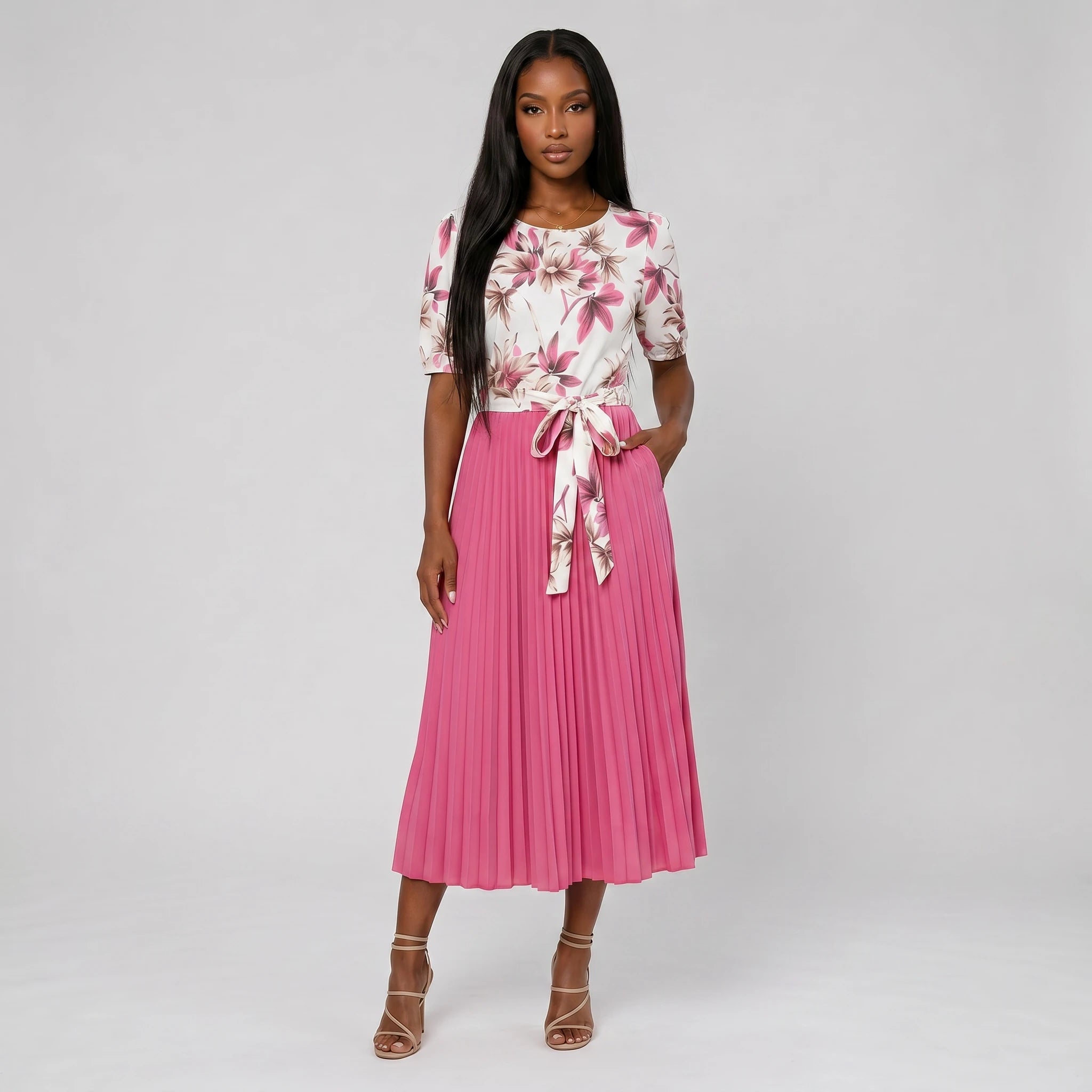 Floral Tie-Waist Pleated Dress WHD0605511-LF2553