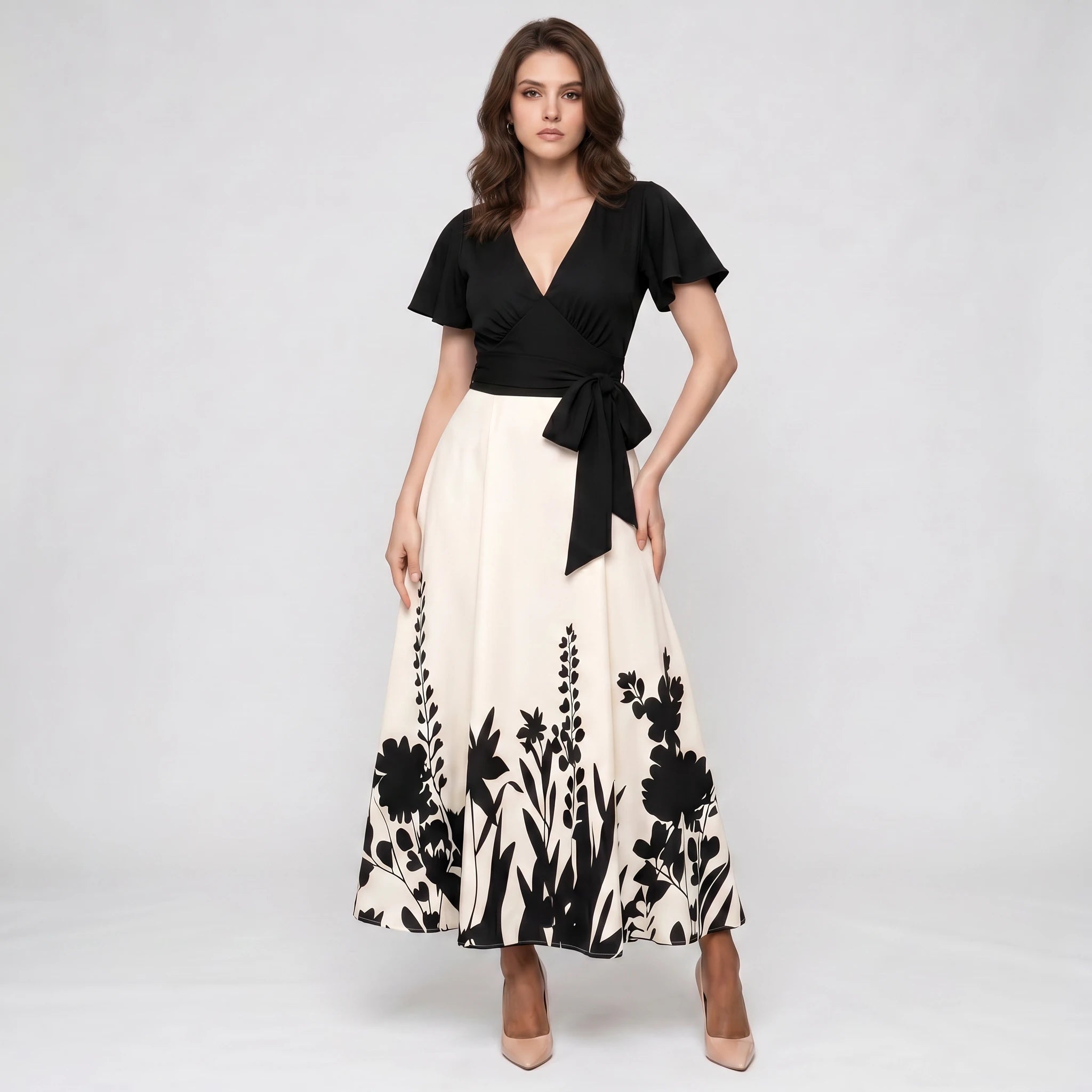 Tie-Waist Botanical Midi Dress WHD0605513-LF2550