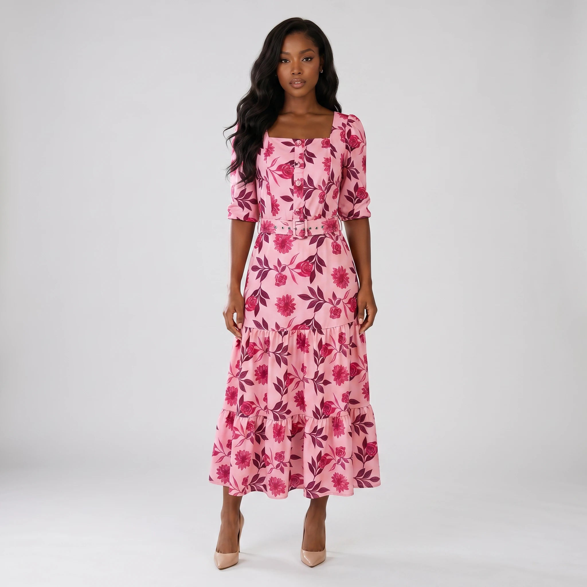 Floral Belted Midi Dress WHD0605516-LF2535