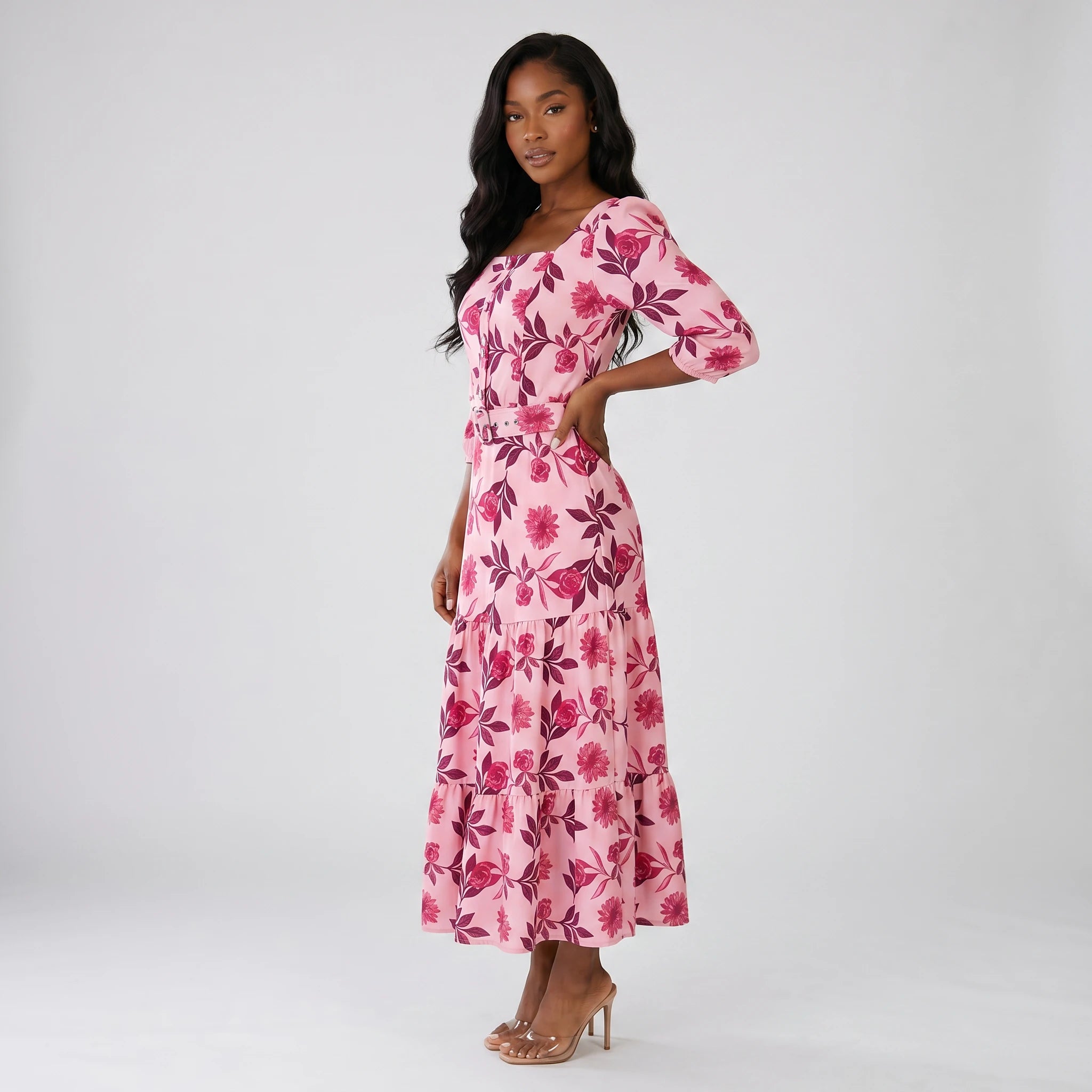 Floral Belted Midi Dress WHD0605516-LF2535