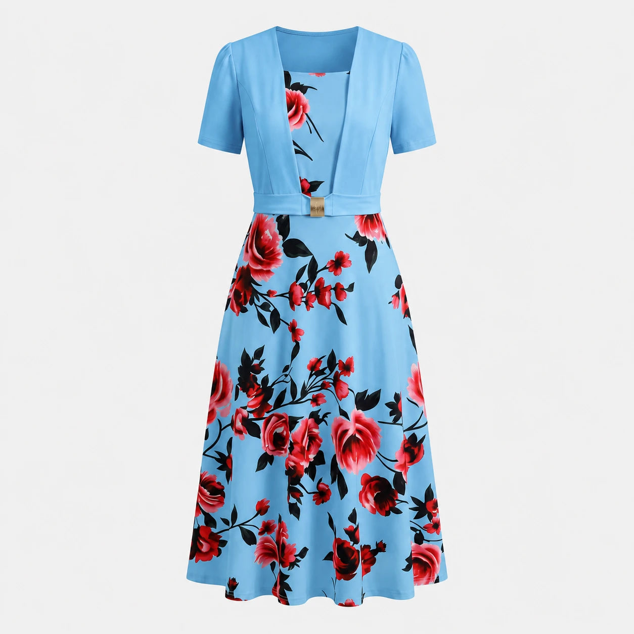 Floral Buckle Overlay Midi Dress WHD0605518-LF2530