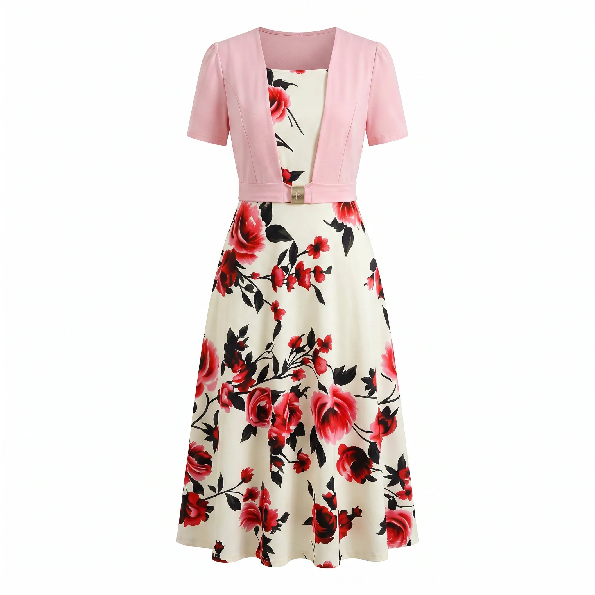 Floral Buckle Overlay Midi Dress WHD0605518-LF2530