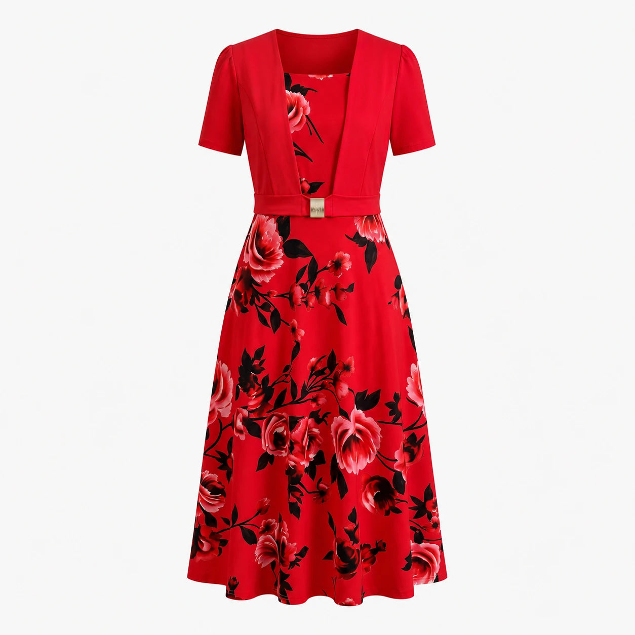 Floral Buckle Overlay Midi Dress WHD0605518-LF2530