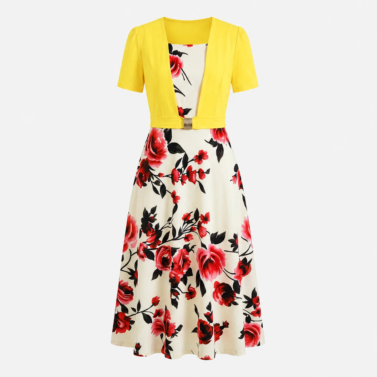 Floral Buckle Overlay Midi Dress WHD0605518-LF2530