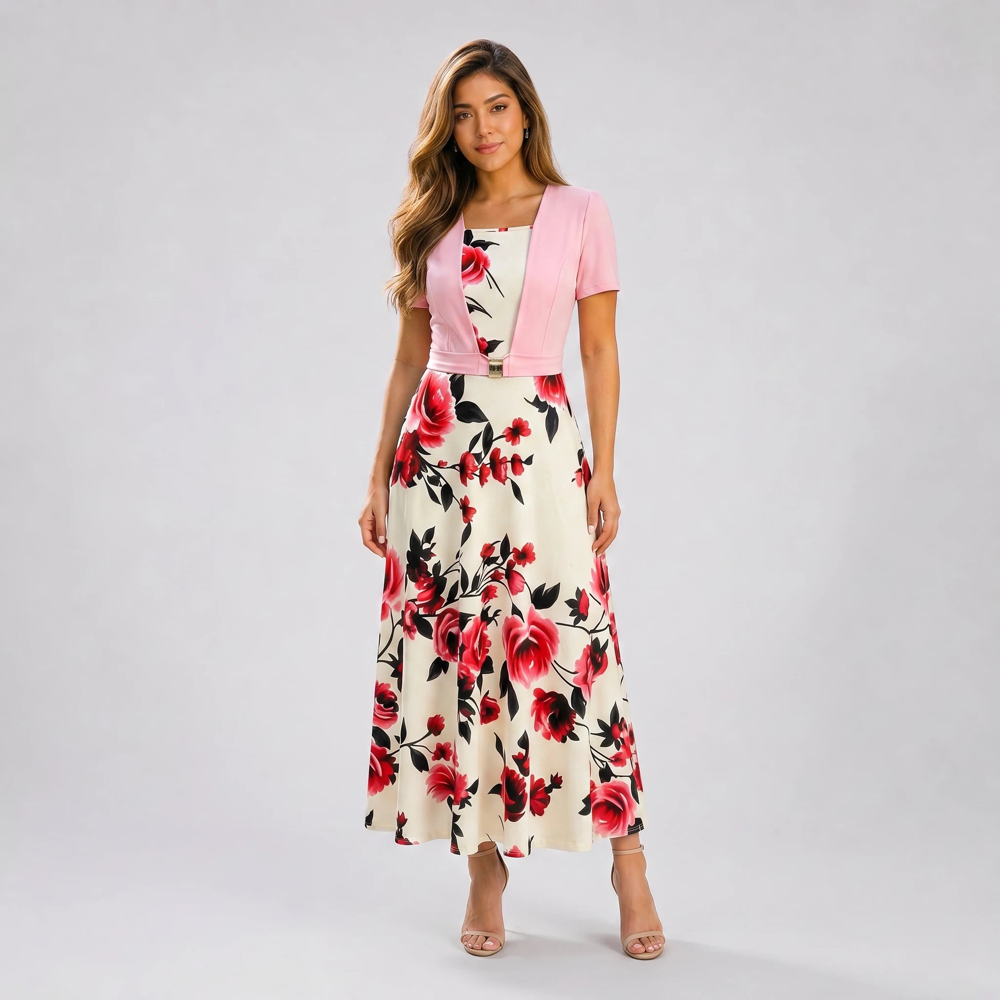 Floral Buckle Overlay Midi Dress WHD0605518-LF2530