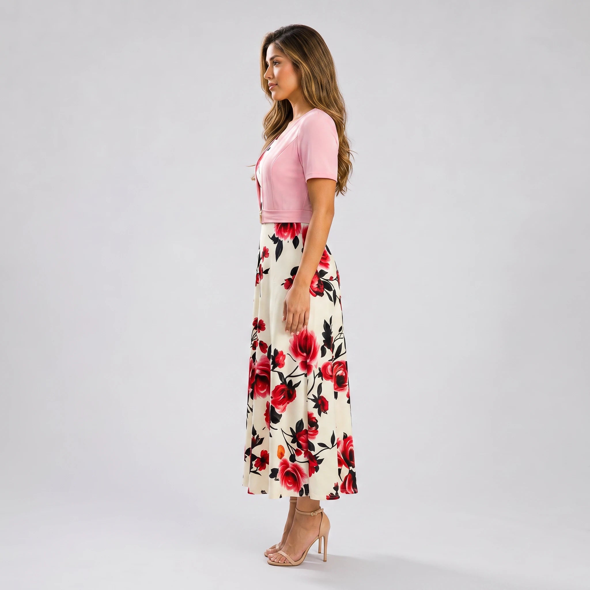 Floral Buckle Overlay Midi Dress WHD0605518-LF2530