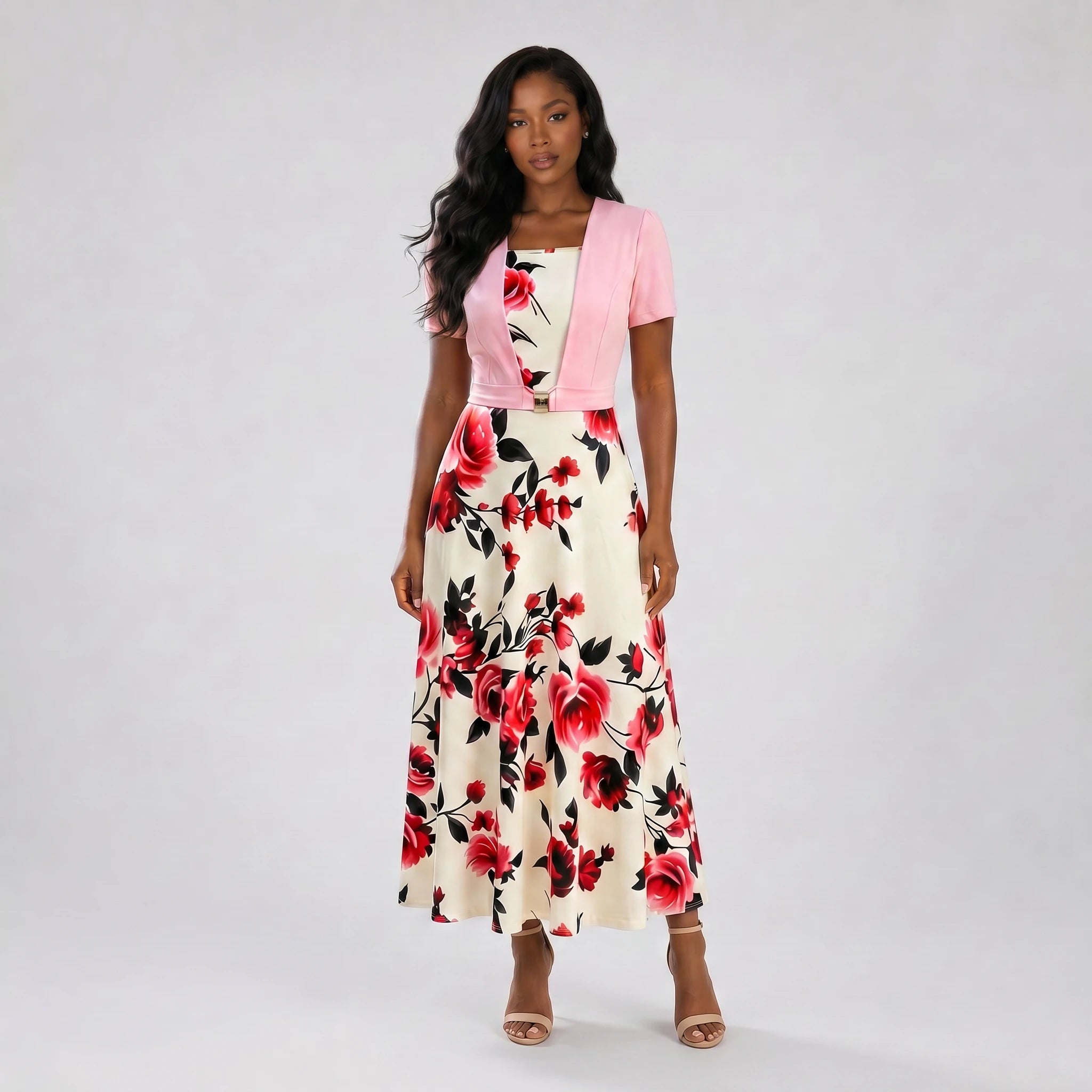 Floral Buckle Overlay Midi Dress WHD0605518-LF2530