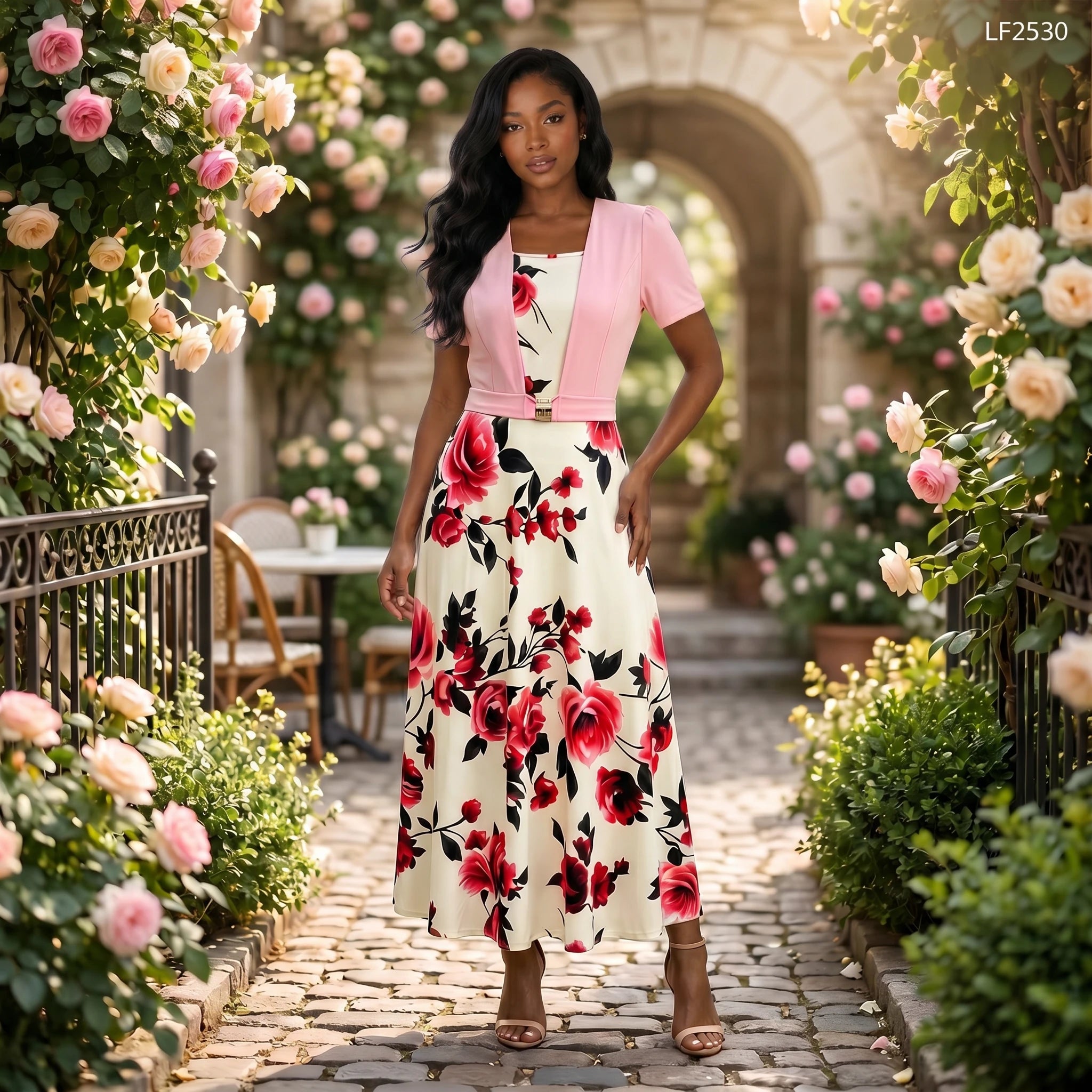 Floral Buckle Overlay Midi Dress WHD0605518-LF2530