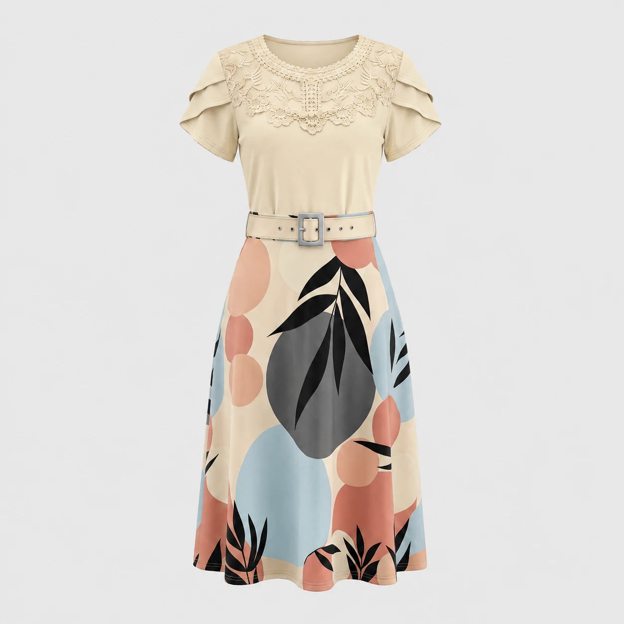 Lace Yoke Printed Midi Dress WHD0605521-LF2531