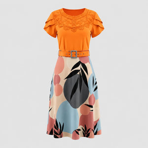 Lace Yoke Printed Midi Dress WHD0605521-LF2531
