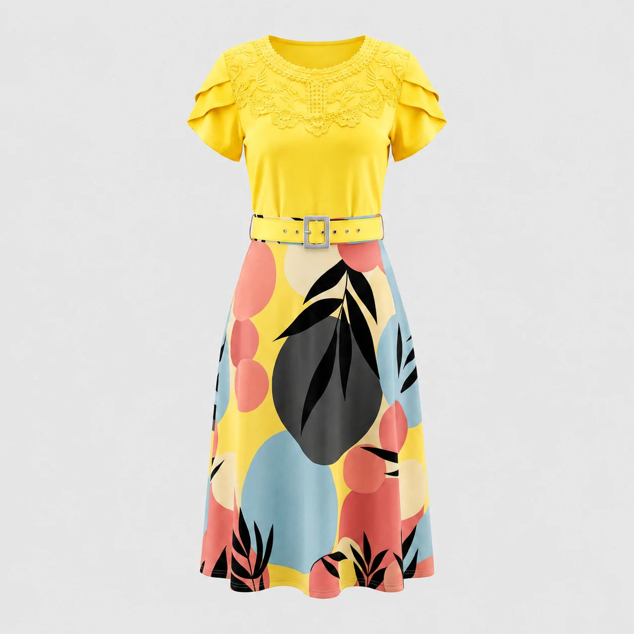 Lace Yoke Printed Midi Dress WHD0605521-LF2531