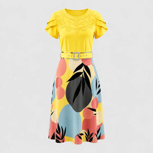 Lace Yoke Printed Midi Dress WHD0605521-LF2531