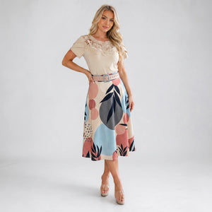 Lace Yoke Printed Midi Dress WHD0605521-LF2531
