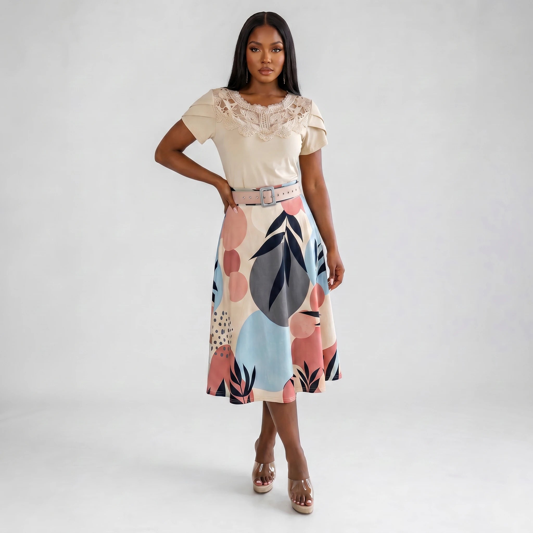 Lace Yoke Printed Midi Dress WHD0605521-LF2531