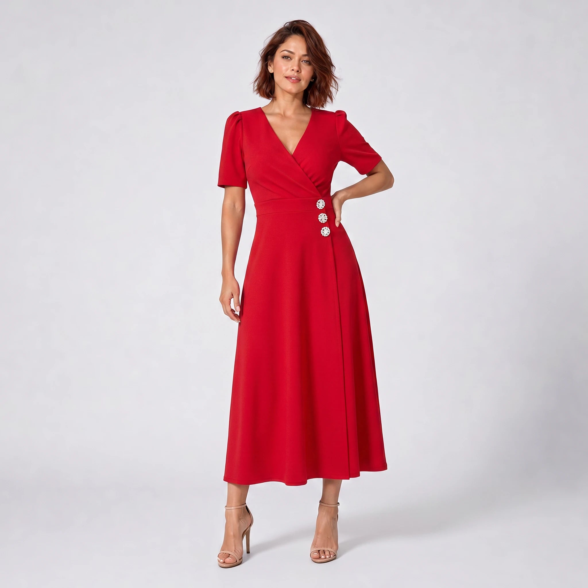 Rhinestone Button Midi Dress WHD0605522-LF2540