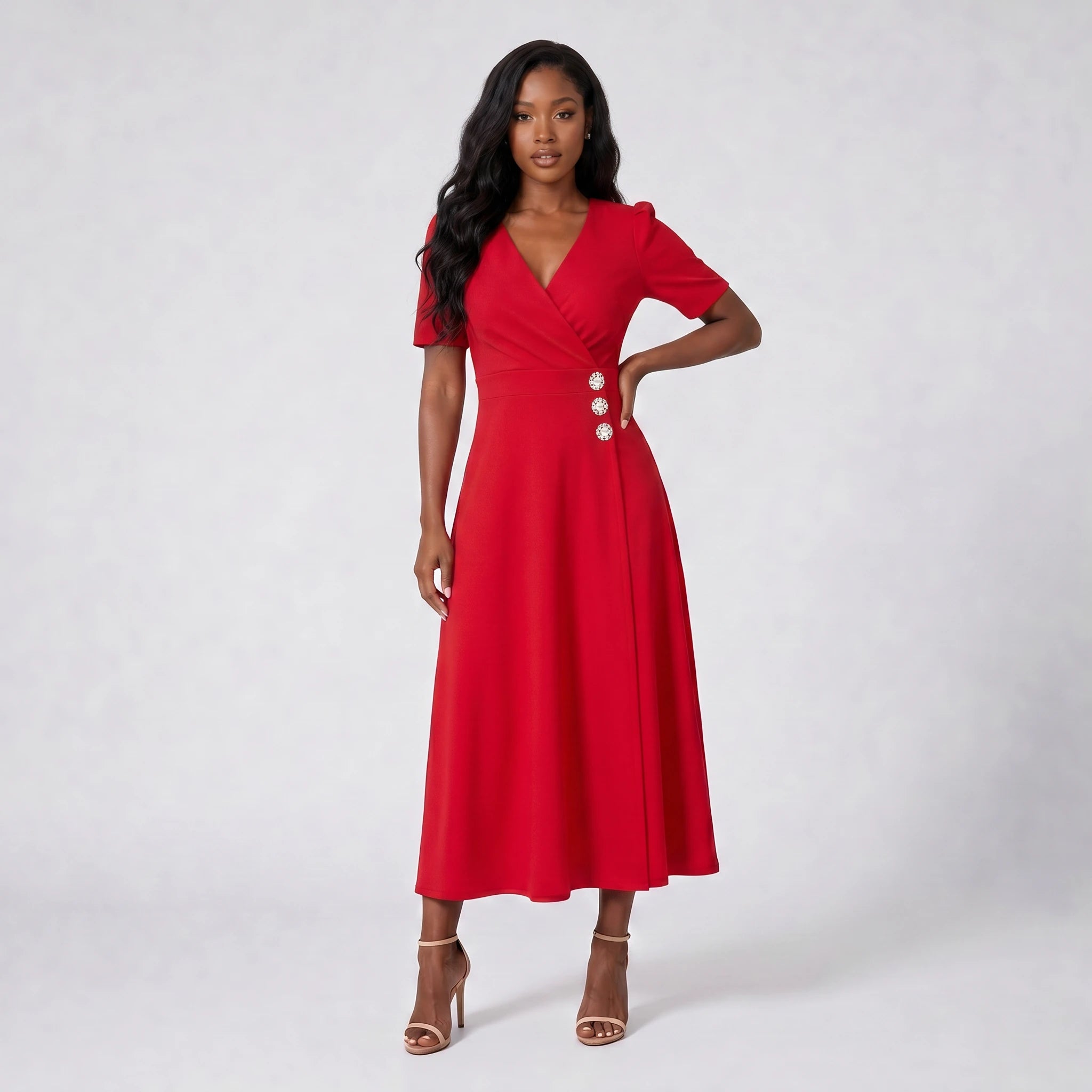 Rhinestone Button Midi Dress WHD0605522-LF2540