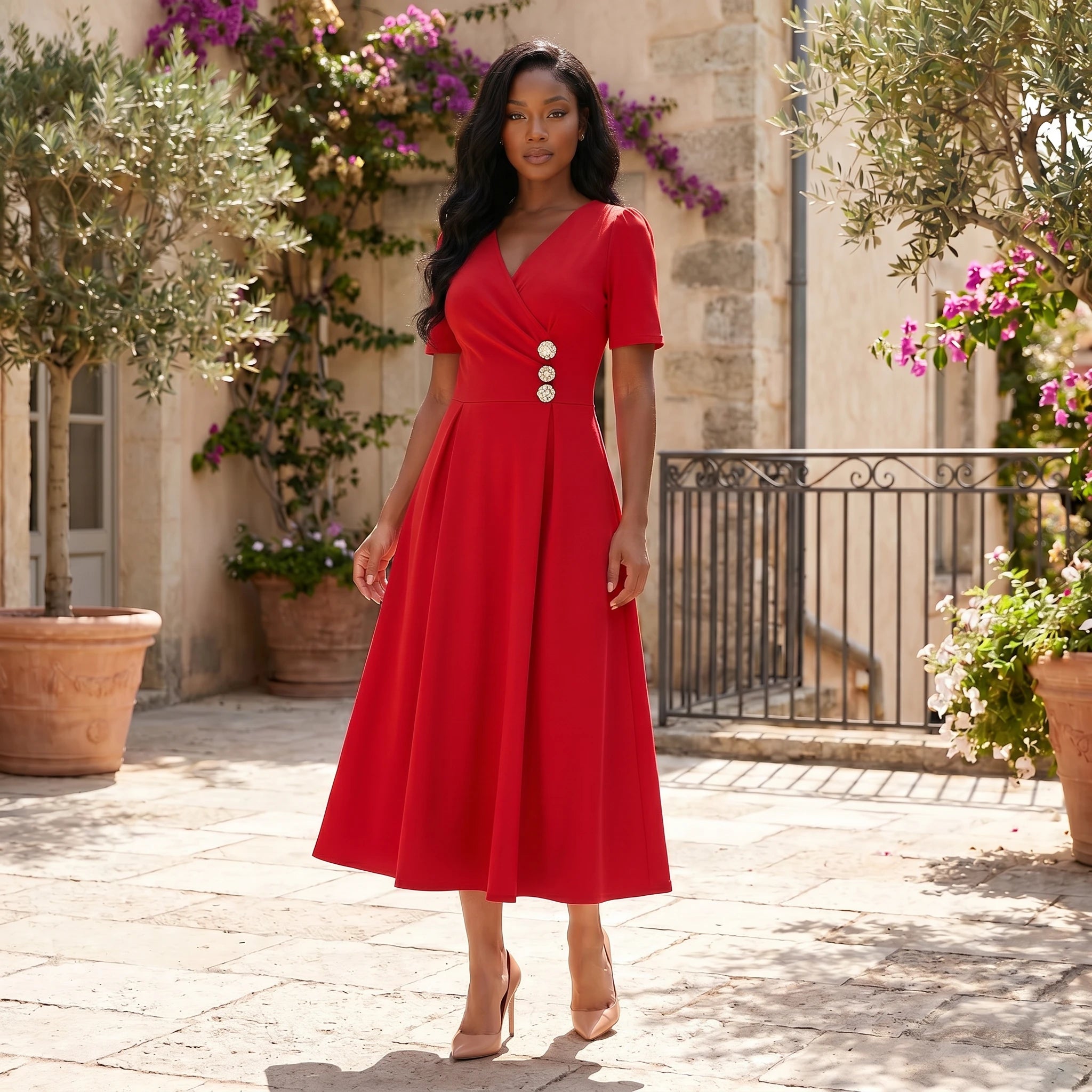 Rhinestone Button Midi Dress WHD0605522-LF2540