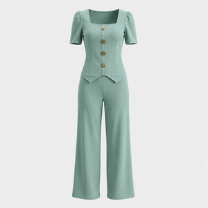 Button Detail Wide Leg Set WHD0605524-LF2536
