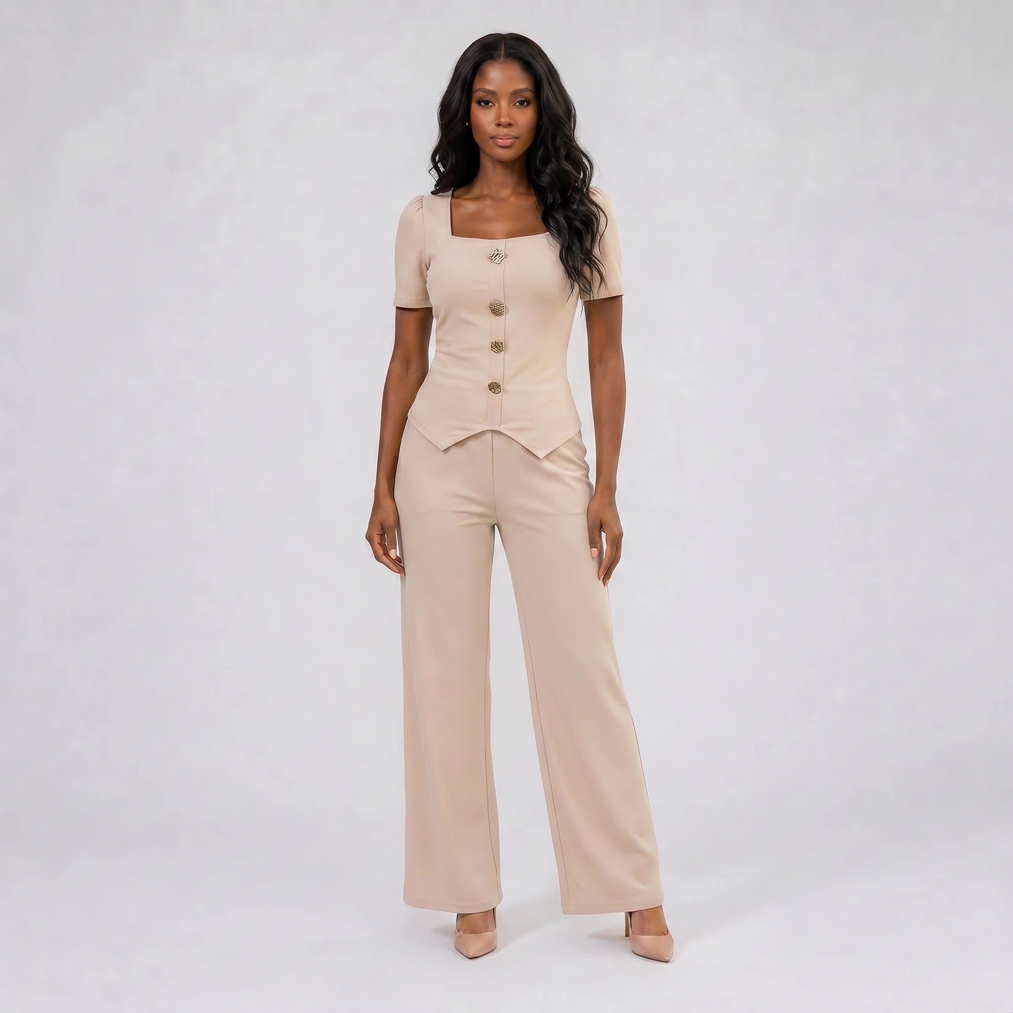 Button Detail Wide Leg Set WHD0605524-LF2536