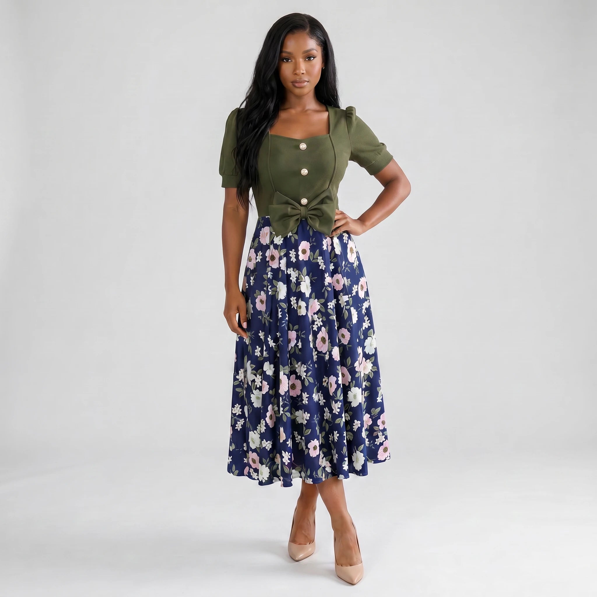 Floral Tie-Waist Midi Dress WHD0605526-LF2510
